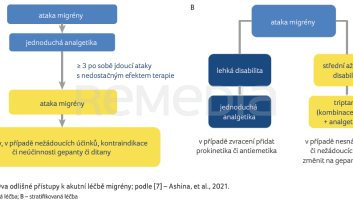 OBR. 1A, B&nbsp;Dva odlišné přístupy k&nbsp;akutní léčbě migrény