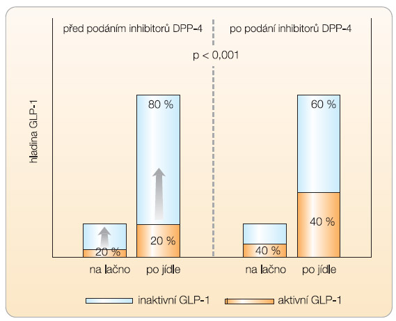 Graf 1 Schematické znázornění zvýšení frakce aktivního GLP-1 při podávání inhibitorů DPP-4 ve vztahu k celkovým hladinám GLP-1; DPP-4 – dipeptidyl peptidáza 4; GLP-1 – glukagonu podobný peptid 1; podle [12] – Herman, et al., 2006. 