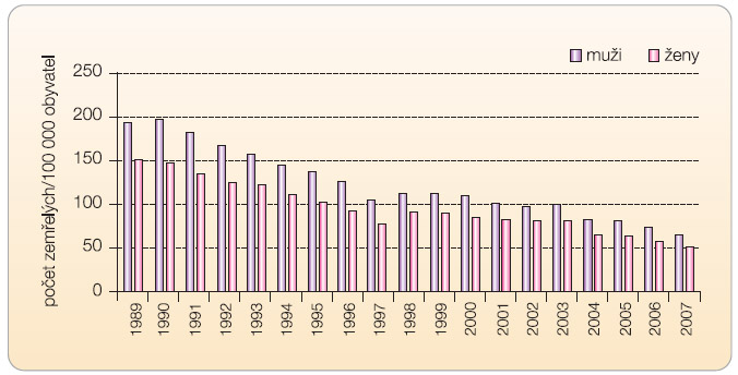 Graf 3 Vývoj standardizované mortality v důsledku cévní mozkové příhody v ČR (1989–2007). 