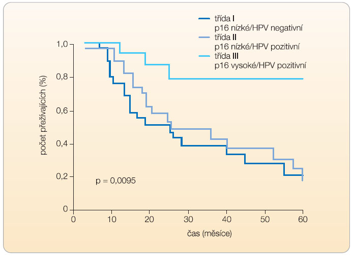  Graf 1  Celkové přežití pacientů s orofaryngeálním karcinomem dle stavu HPV a p16; podle [29] – Psyrri, 2008. 