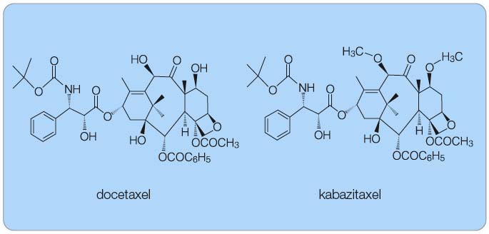 Obr. 1 Chemická struktura docetaxelu a kabazitaxelu.