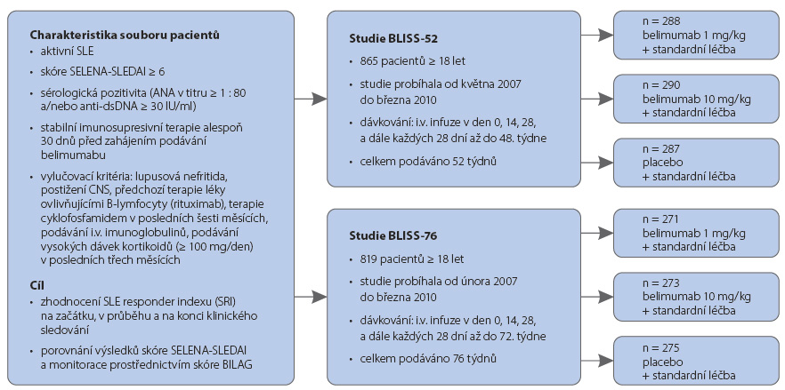 Obr. 2 Přehled ukončených klinických studií fáze III s belimumabem. SLE – systémový lupus erythematodes; SELENA-SLEDAI (SELENA, Safety of Estrogens in Lupus Erythematosus National Assessment; SLEDAI, Systemic Lupus Erythematosus Disease Activity Index); ANA – antinukleární protilátky; skóre BILAG – British Isles Lupus Assessment Group, skóre zaměřené na výskyt nových či zhoršení stávajících manifestací SLE