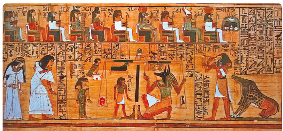 Obr. 4 Scéna z egyptské Knihy mrtvých (1250 př. Kr.). Staří Egypťané věřili, že při posmrtném soudu je srdce váženo kvůli činům dobrým a zlým; převzato z [6] – Riedel, 2009.