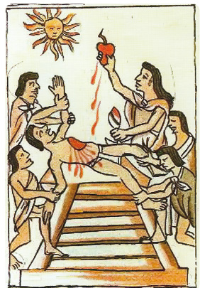 Obr. 6 Obětování živého srdce bohu slunce u Aztéků (16. století); převzato z [6] – Riedel, 2009.