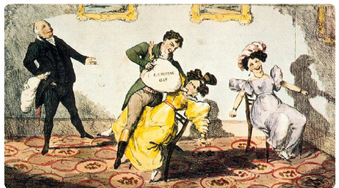 Obr. 8 Living made easy neboli Prescriptions for scolding wives. Karikatura od G. Cruikshanka (1792–1878) ukazuje účinky rajského plynu v roce 1830. Zdroj: archiv autora.