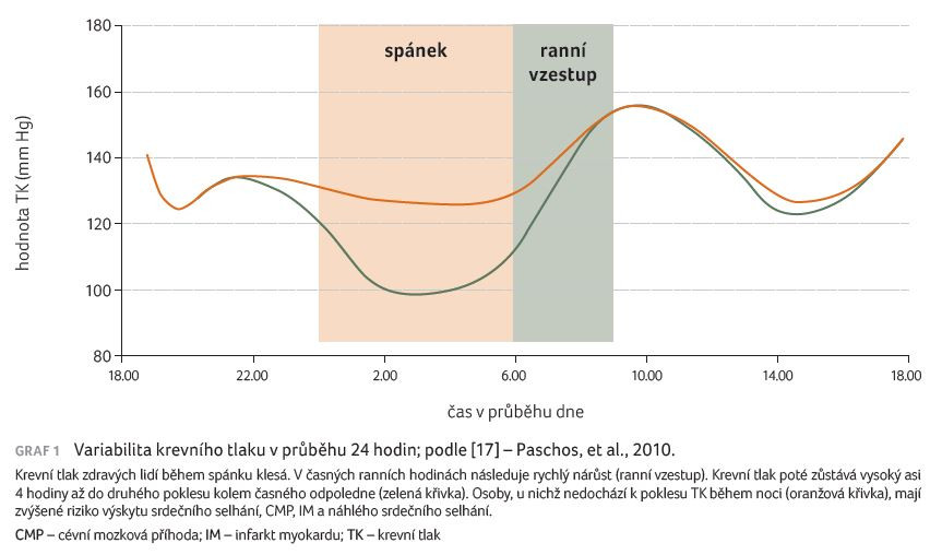 GRAF 1 Variabilita krevního tlaku v průběhu 24 hodin; podle [17] – Paschos, et al., 2010.