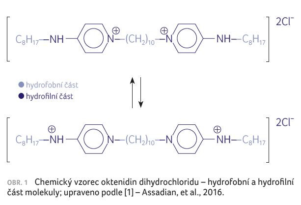 OBR. 1 Chemický vzorec oktenidin dihydrochloridu – hydrofobní a hydrofilní část molekuly; upraveno podle [1] – Assadian, et al., 2016.